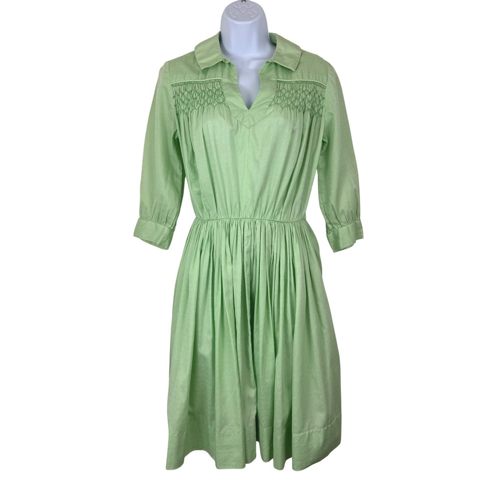 Vintage 50s Smocked Mint Green Jacquard Fit Flare Dress Side Zipper 3/4 Sleeve